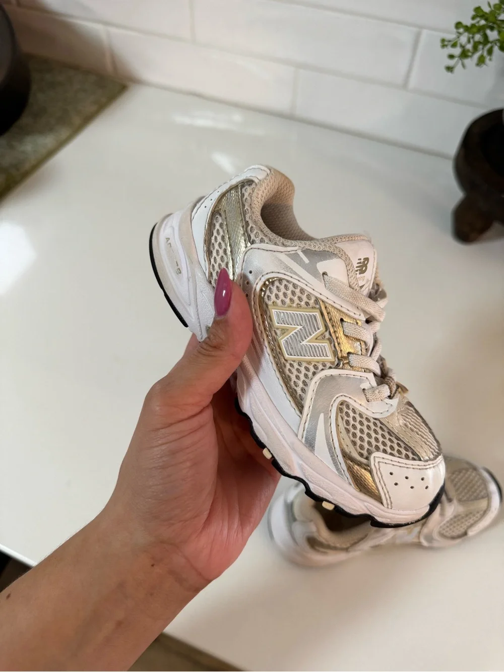 New Balance Kids White and Beige Mesh Running Sneaker